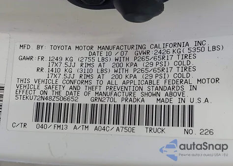 2008 Toyota Tacoma Prerunner V6 z USA, uszkodzony, nr VIN 5TEKU72N48Z506652